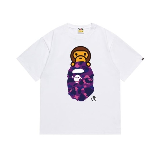 White BAPE T-Shirt with Purple Camo Ape Head and Baby Milo